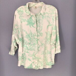 AND Women’s Mint Green Floral Button Down Shirt sz 16 Linen Blend